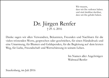 Traueranzeige von Jürgen Renfer von Gießener Allgemeine, Alsfelder Allgemeine
