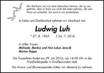 Traueranzeige von Ludwig Luh von Gießener Allgemeine, Alsfelder Allgemeine