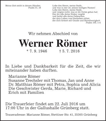 Traueranzeige von Werner Römer von Heimatzeitung Grünberg + Laubach, Laubacher Anzeiger
