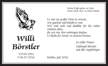 Traueranzeige von Willi Börstler von Wetterauer Zeitung, Wetterauer Zeitung
