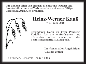 Traueranzeige von Heinz-Werner Kauß von Gießener Allgemeine, Alsfelder Allgemeine