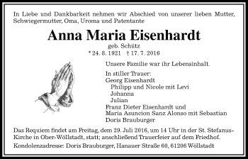 Traueranzeige von Anna Maria Eisenhardt von Wetterauer Zeitung, Wetterauer Zeitung