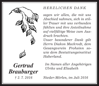 Traueranzeige von Gertrud Brauburger von Wetterauer Zeitung, Wetterauer Zeitung