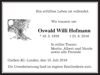 Traueranzeige von Oswald Willi Hofmann von Gießener Allgemeine, Alsfelder Allgemeine
