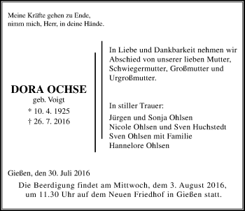 Traueranzeige von Dora Ochse von Gießener Allgemeine, Alsfelder Allgemeine