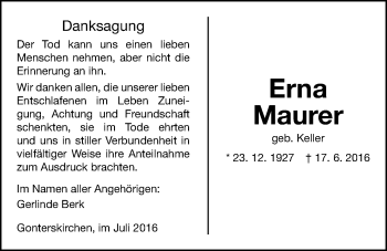 Traueranzeige von Erna Maurer von Heimatzeitung Grünberg + Laubach, Laubacher Anzeiger