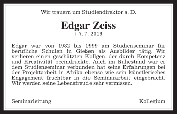 Traueranzeige von Edgar Zeiss von Gießener Allgemeine, Alsfelder Allgemeine