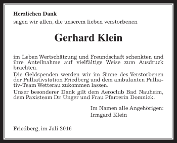 Traueranzeige von Gerhard Klein von Wetterauer Zeitung, Wetterauer Zeitung