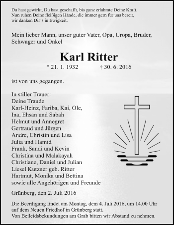 Traueranzeige von Karl Ritter von Gießener Allgemeine, Alsfelder Allgemeine