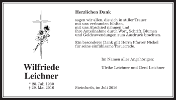 Traueranzeige von Wilfriede Leichner von Wetterauer Zeitung, Wetterauer Zeitung