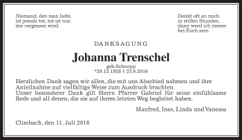 Traueranzeige von Johanna Trenschel von Allendorfer Mitteilungen