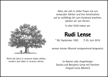 Traueranzeige von Rudi Lense von Gießener Allgemeine, Alsfelder Allgemeine