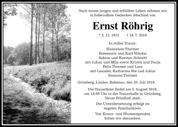 Traueranzeige von Ernst Röhrig von Gießener Allgemeine, Alsfelder Allgemeine