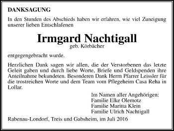 Traueranzeige von Irmgard Nachtigall von Gießener Allgemeine, Alsfelder Allgemeine