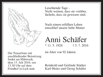 Traueranzeige von Anni Schäfer von Gießener Allgemeine, Alsfelder Allgemeine