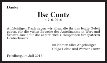 Traueranzeige von Ilse Cuntz von Wetterauer Zeitung, Wetterauer Zeitung