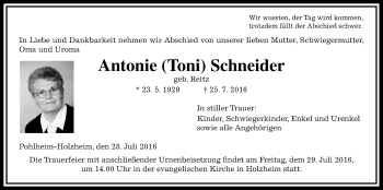 Traueranzeige von Antonie Schneider von Gießener Allgemeine, Alsfelder Allgemeine
