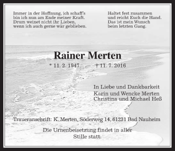 Traueranzeige von Rainer Merten von Wetterauer Zeitung, Wetterauer Zeitung