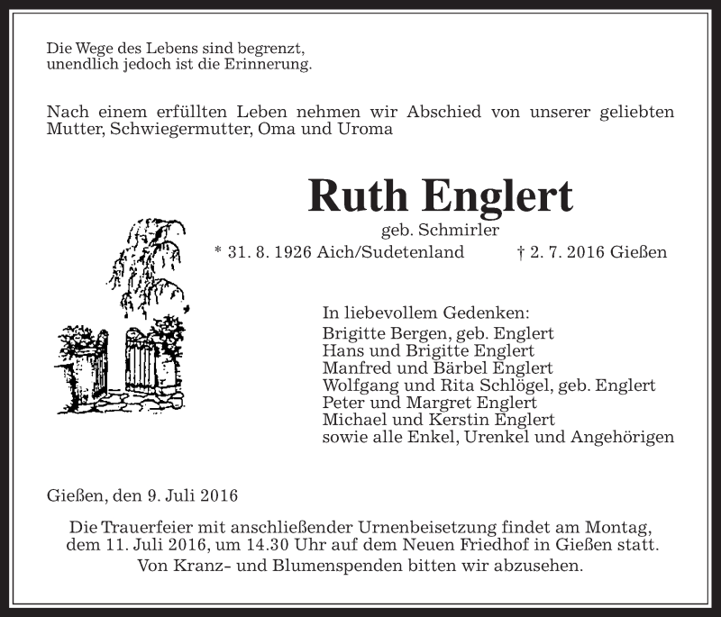  Traueranzeige für Ruth Englert vom 09.07.2016 aus Gießener Allgemeine, Alsfelder Allgemeine