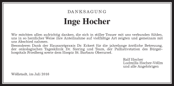Traueranzeige von Inge Hocher von Wetterauer Zeitung, Wetterauer Zeitung
