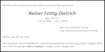Traueranzeige von Rainer Fettig-Dietrich von Gießener Allgemeine, Alsfelder Allgemeine