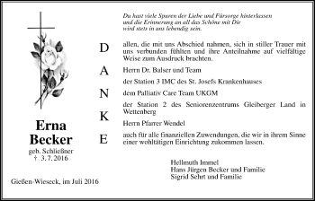 Traueranzeige von Erna Becker 