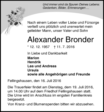 Traueranzeige von Alexander Bronder von Gießener Allgemeine, Alsfelder Allgemeine