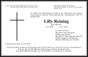 Traueranzeige von Lilly Reining von Gießener Allgemeine, Alsfelder Allgemeine