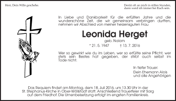 Traueranzeige von Leonida Herget von Wetterauer Zeitung, Wetterauer Zeitung