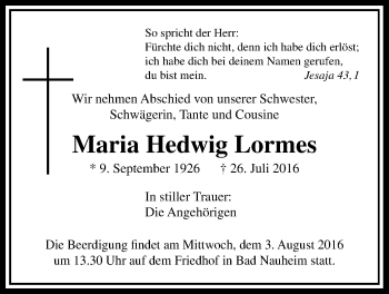 Traueranzeige von Maria Hedwig Lormes von Wetterauer Zeitung, Wetterauer Zeitung