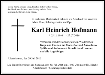 Traueranzeige von Karl Heinrich Hofmann von Gießener Allgemeine, Alsfelder Allgemeine