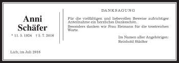 Traueranzeige von Anni Schäfer von Gießener Allgemeine, Alsfelder Allgemeine