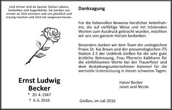 Traueranzeige von Ernst Ludwig Becker von Gießener Allgemeine, Alsfelder Allgemeine