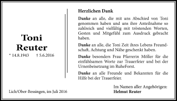 Traueranzeige von Toni Reuter von Gießener Allgemeine, Alsfelder Allgemeine