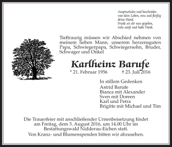 Traueranzeige von Karlheinz Barufe von Wetterauer Zeitung, Wetterauer Zeitung