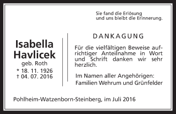 Traueranzeige von Isabella Havlicek von Pohlheimer Nachrichten