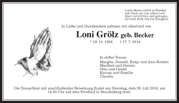 Traueranzeige von Loni Grölz von Gießener Allgemeine, Alsfelder Allgemeine