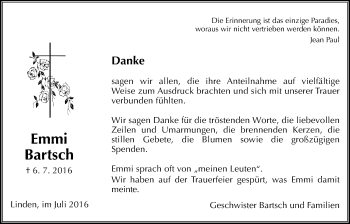 Traueranzeige von Emmi Bartsch von Gießener Allgemeine, Alsfelder Allgemeine