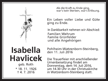 Traueranzeige von Isabella Havlicek von Gießener Allgemeine, Alsfelder Allgemeine