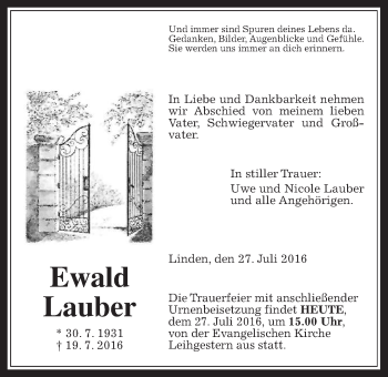 Traueranzeige von Ewald Lauber von Gießener Allgemeine, Alsfelder Allgemeine
