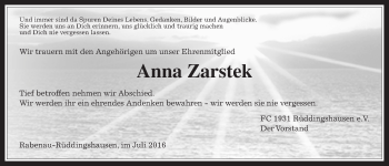 Traueranzeige von Anna Zarstek von Rabenauer Zeitung