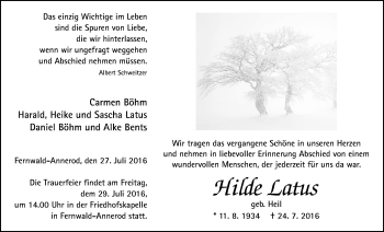 Traueranzeige von Hilde Latus von Gießener Allgemeine, Alsfelder Allgemeine