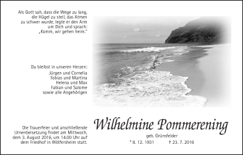 Traueranzeige von Wilhelmine Pommerening von Wetterauer Zeitung, Wetterauer Zeitung