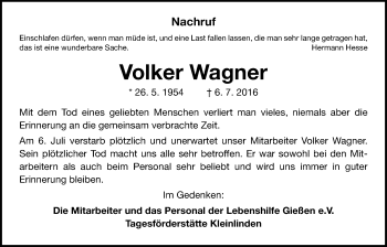 Traueranzeige von Volker Wagner von Gießener Allgemeine, Alsfelder Allgemeine
