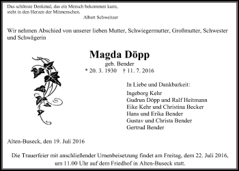 Traueranzeige von Magda Döpp von Gießener Allgemeine, Alsfelder Allgemeine