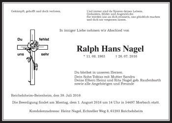 Traueranzeige von Ralph Hans Nagel von Wetterauer Zeitung, Wetterauer Zeitung