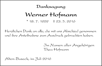 Traueranzeige von Werner Hofmann von Gießener Allgemeine, Alsfelder Allgemeine