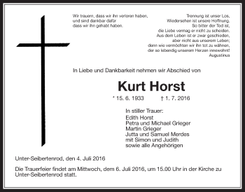 Traueranzeige von Kurt Horst von Alsfelder Allgemeine