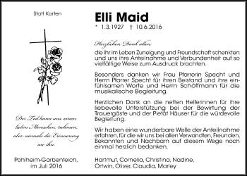 Traueranzeige von Elli Maid von Gießener Allgemeine, Alsfelder Allgemeine