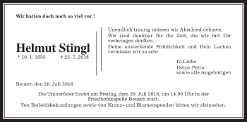 Traueranzeige von Helmut Stingl von Gießener Allgemeine, Alsfelder Allgemeine